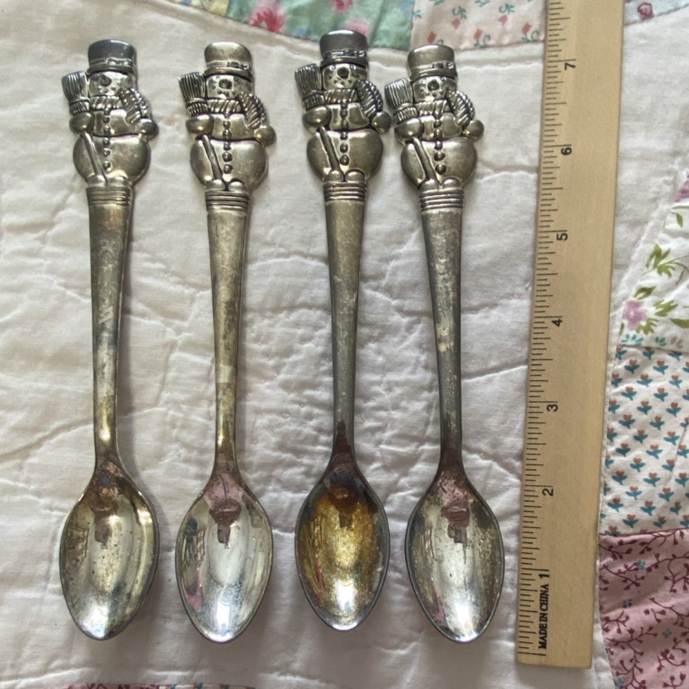Vintage Used International Silver Company 4 Silver Plated Snowman Spoons 7 1/4"